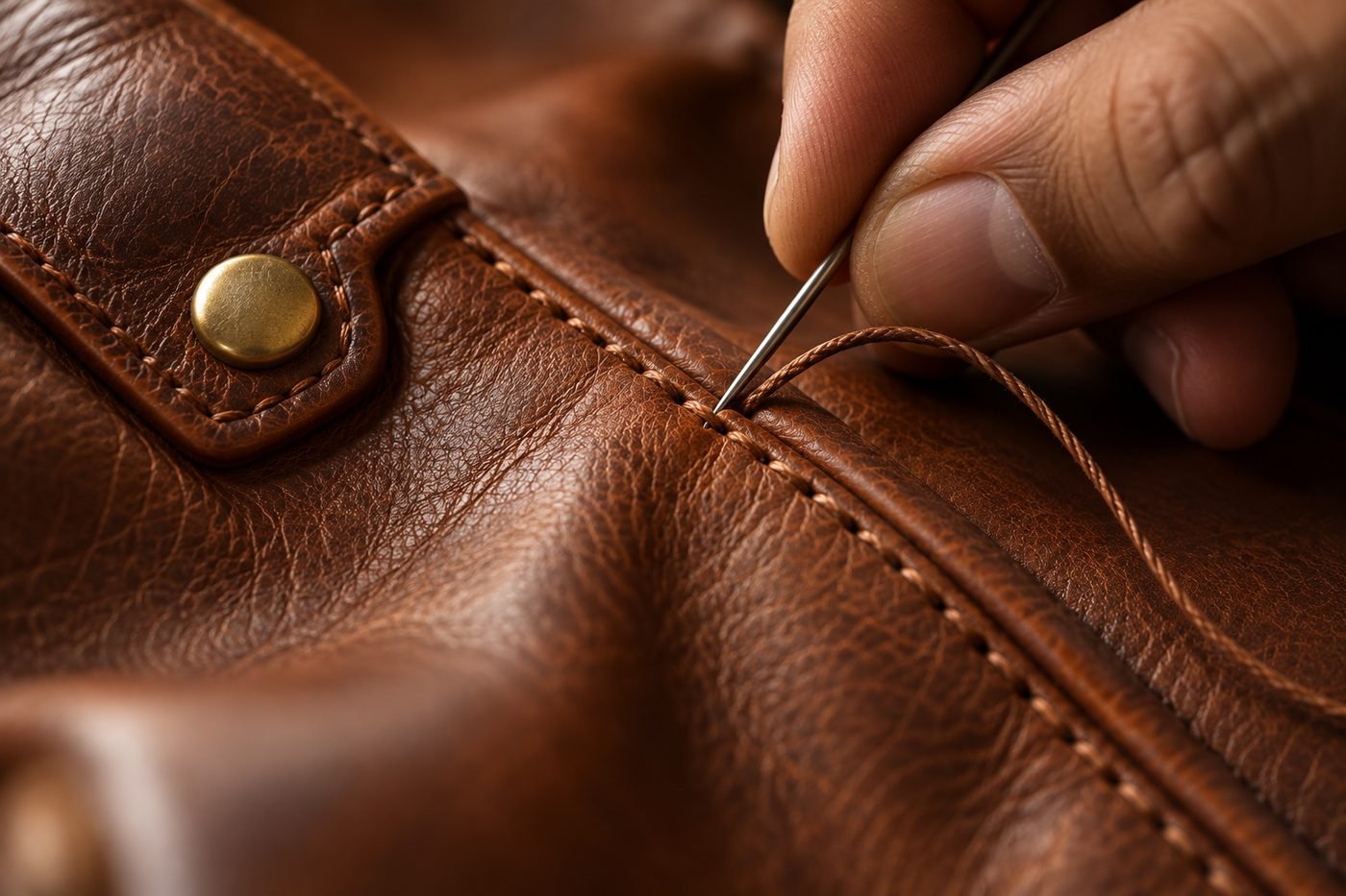 A craftsperson hand-stitching a seam on tobacco full-grain leather beside a brass snap