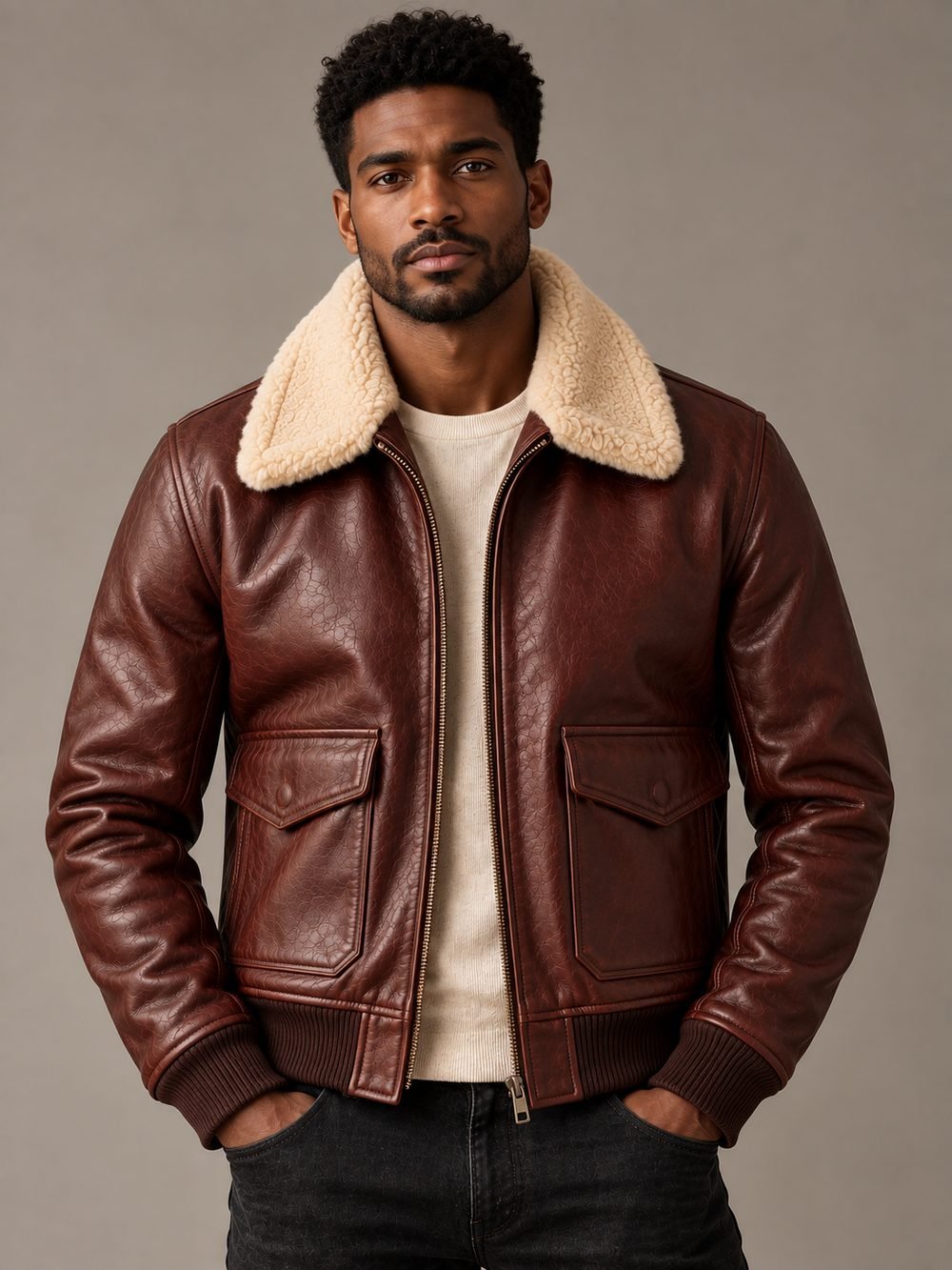 An oxblood full-grain leather flight jacket with a shearling collar