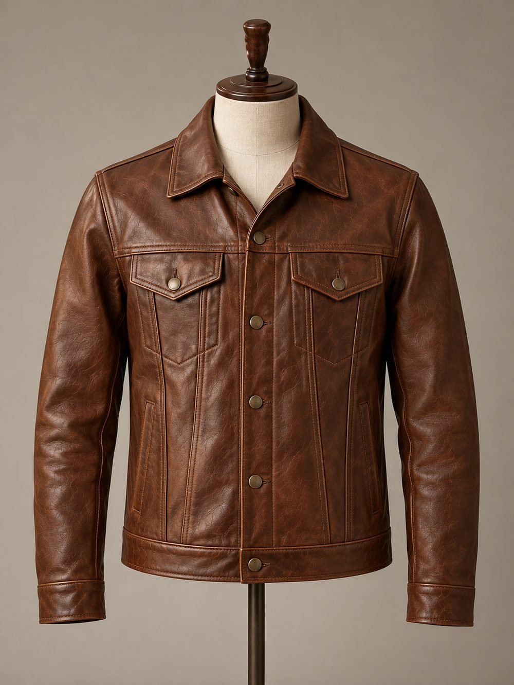 A tobacco full-grain leather trucker jacket on a mannequin