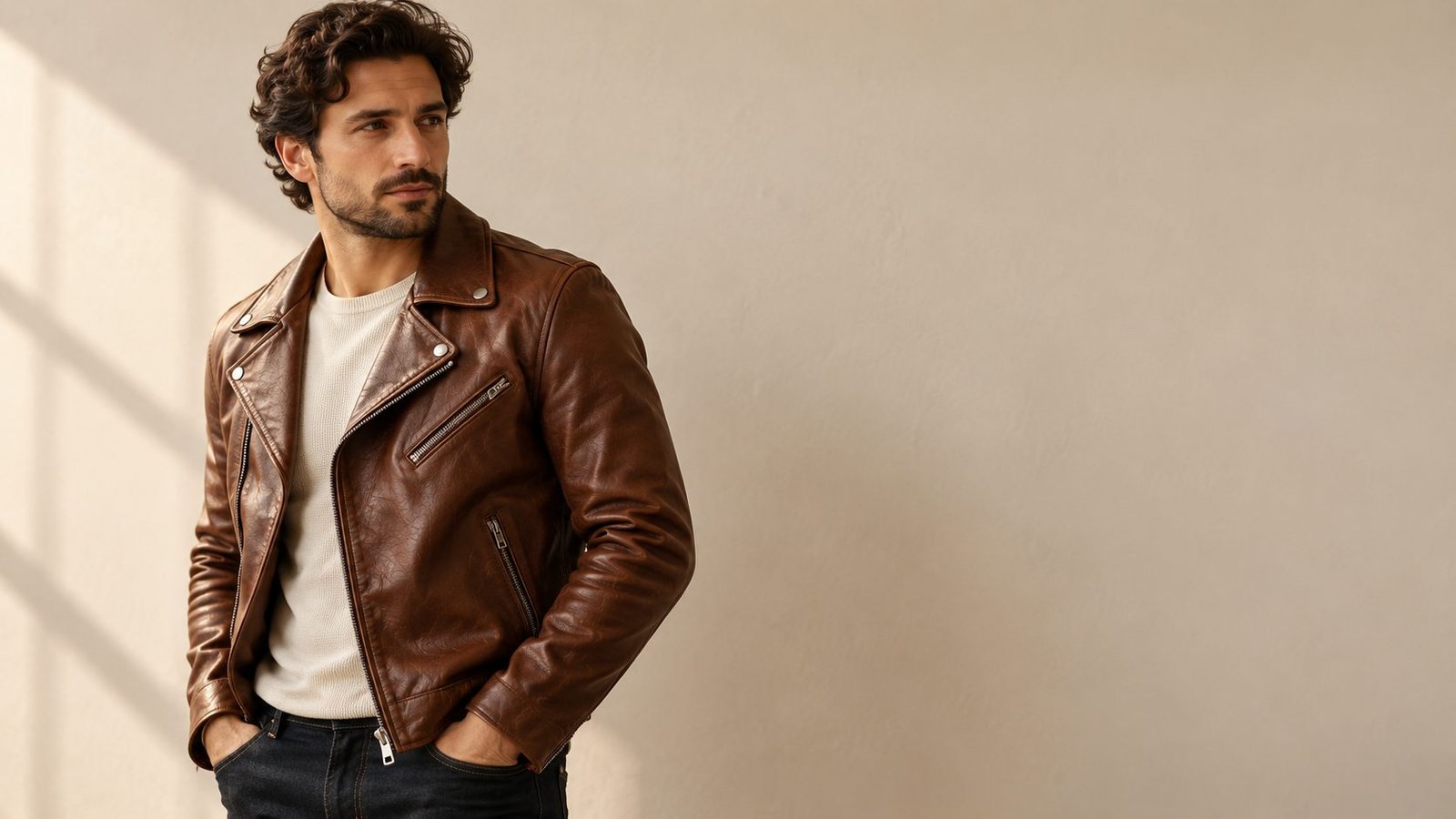 A man in a tobacco-brown full-grain leather biker jacket