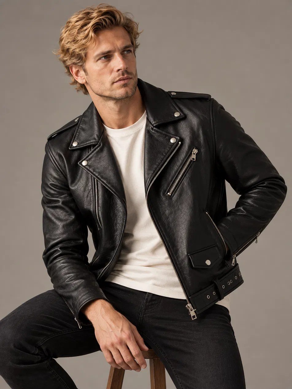 A man seated in a black full-grain leather classic biker jacket