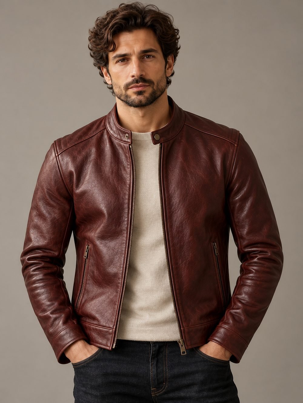 A man wearing an oxblood full-grain leather cafe racer jacket